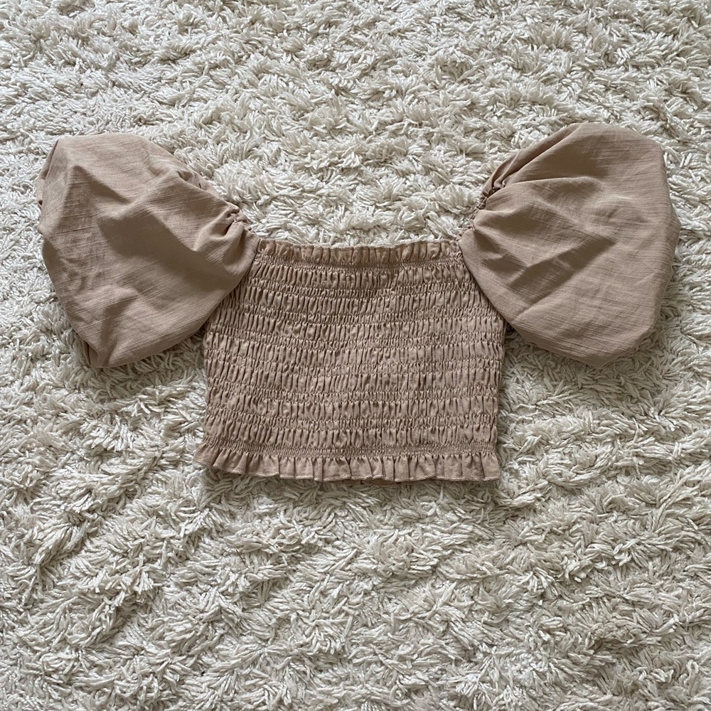 HYFVE Tan Puff Sleeve Smocked Crop Top